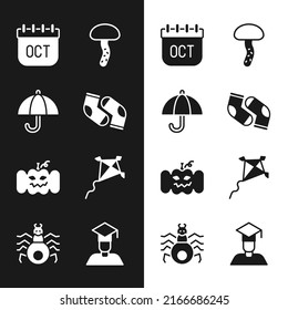 Set Socks, Umbrella, October calendar autumn, Mushroom, Pumpkin, Kite, Graduate and graduation cap and Spider icon. Vector