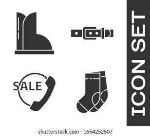 Set Socks, Waterproof rubber boot, Telephone 24 hours support and Leather belt icon. Vector