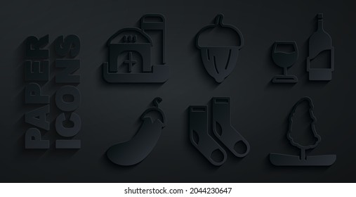 Set Socks, Wine bottle with glass, Eggplant, Tree, Acorn and Farm house icon. Vector