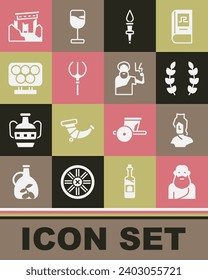 Set Socrates, Ancient bust sculpture, Laurel wreath, Torch flame, Neptune Trident, Olympic rings, ruins and Zeus icon. Vector