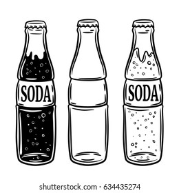 set of soda bottles isolated on white background. Hand drawn sketch style. For menu in restaurant and cafe