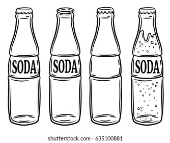 Set Of Soda Bottles Isolated On White Background. Hand Drawn Sketch Style. For Menu In Restaurant And Cafe