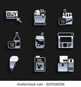 Set Soda lata, Botella de aceite de oliva, Máquina registradora de efectivo, Pedidos y entrega en línea, Código de barras de escaneo de escáner, Botella de vino, caja de cigarrillos y icono del botón Comprar. Vector