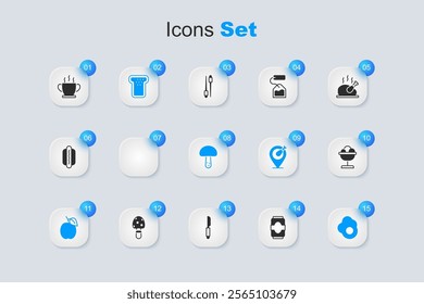 Set Soda can, Burger, Bread toast, Plum fruit, Scrambled egg, Ice cream in the bowl, Bowl of hot soup and Mushroom icon. Vector
