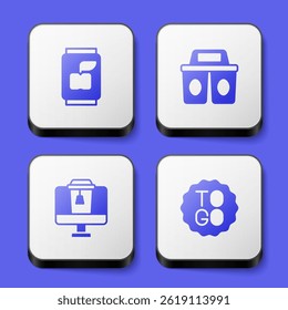 Set Soda can, Coffee cup to go, Online ordering food and  icon. White square button. Vector
