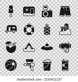 Set Soda can, Diving mask, Sand castle, Photo camera with flash, Lifebuoy, Rv Camping trailer, Ice cream and Pineapple icon. Vector