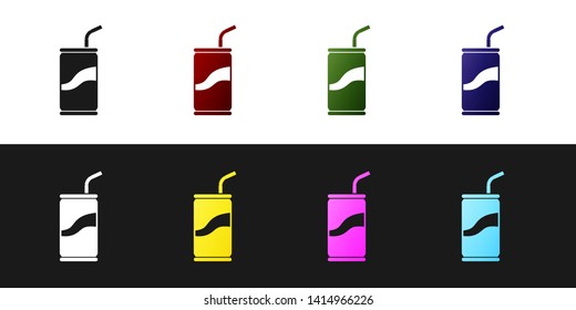 Set Soda can with drinking straw icon isolated on black and white background. Vector Illustration
