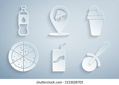 Set Soda can with drinking straw, Ice cream, Pizza, knife, Location slice pizza and Bottle of water icon. Vector