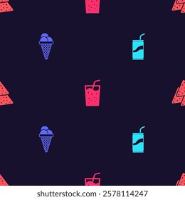 Set Soda can with drinking straw, Ice cream waffle cone, Glass water and Nachos on seamless pattern. Vector