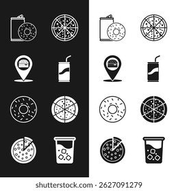 Set Soda can with drinking straw, Location burger, Aluminum soda and donut, Pizza, Donut, Glass water and  icon. Vector