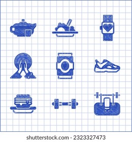 Set Soda can, Dumbbell, Bench with barbel, Sport sneakers, Junk food, Meditation, Smart watch and Teapot cup icon. Vector