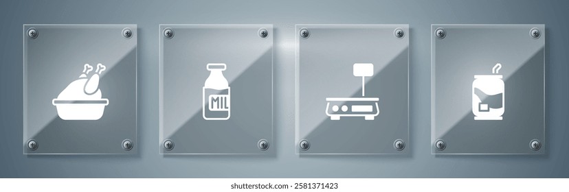 Set Soda can, Electronic scales, Bottle with milk and Roasted turkey or chicken. Square glass panels. Vector