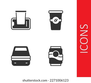 Set Soda can, Food ordering on mobile, Lunch box and Coffee cup to go icon. Vector