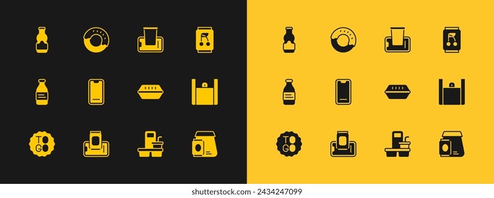 Set Soda can, Food ordering on mobile, Lunch box, Coffee cup to go, Sauce bottle and Donut icon. Vector