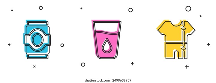 Set Soda can, Glass with water and Sport track suit icon. Vector