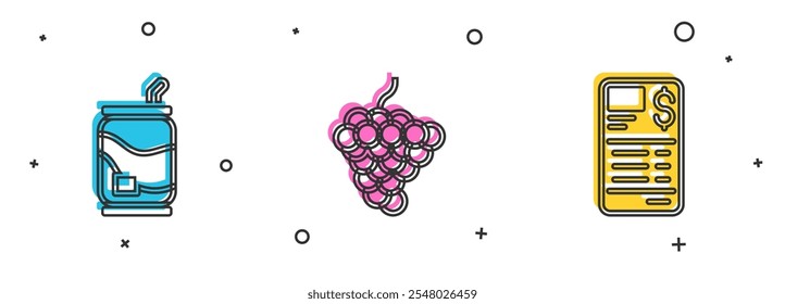 Conjunto de lata de refresco, fruta de uva y papel o icono de cheque financiero. Vector