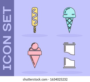 Set Soda can, Ice cream, Ice cream in waffle cone and Ice cream in waffle cone icon. Vector