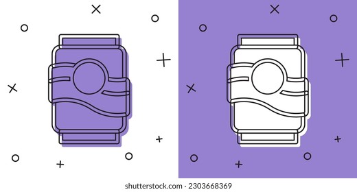 Set Soda can icon isolated on white and purple background.  Vector