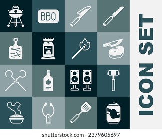 Set Soda can, Kitchen hammer, Steak meat and knife, Knife, Barbecue coal bag, Cutting board, grill and Burning match with fire icon. Vector