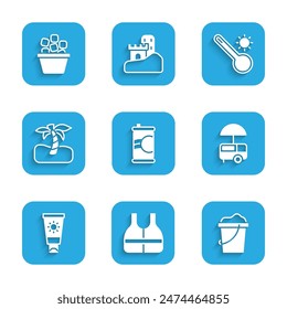Conjunto de lata de refresco, chaleco salvavidas, arena en cubo, Carrito de comida rápida de la calle, protector solar, palma tropical, termómetro de meteorología e icono de hielo. Vector