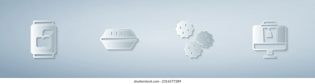 Set Soda can, Lunch box, Cookie or biscuit and Online ordering food. Paper art style. Vector