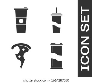 Set Soda can, Paper glass and water, Slice of pizza and Paper glass with drinking straw and water icon. Vector