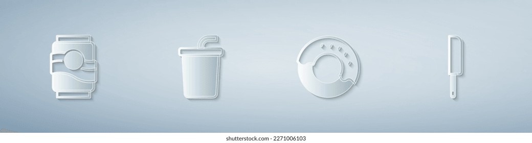 Set Soda can, Paper glass with water, Donut and Knife. Paper art style. Vector
