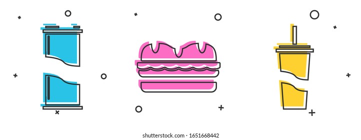 Set Soda can, Sandwich and Paper glass with drinking straw and water icon. Vector
