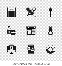 Set Soda can, Sauce bottle, Donut, Online ordering food, Spoon, Meatballs wooden stick and  icon. Vector