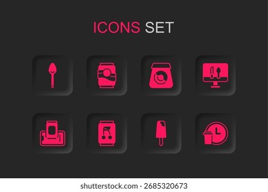 Set Soda can, Spoon, Ice cream, Online ordering food, Round the clock delivery,  and Food mobile icon. Vector