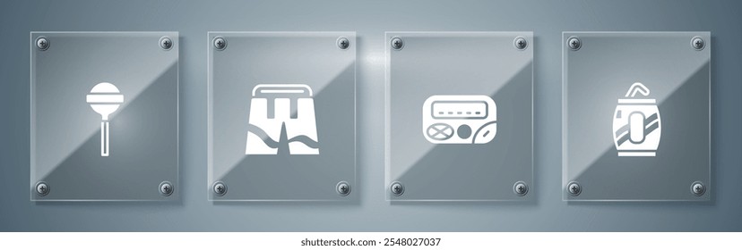 Set de lata de refresco con pajita, Pager, pantalón corto o piruleta. Paneles de vidrio cuadrados. Vector