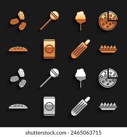 Set Soda can with straw, Pizza, Nachos in plate, French hot dog, Bread loaf, Cotton candy, Chicken nuggets and Lollipop icon. Vector