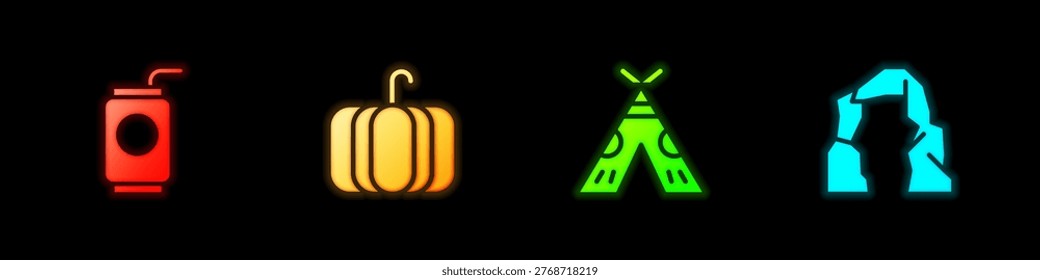 Set Soda can with straw, Pumpkin, Indian teepee or wigwam and Grand canyon icon. Vector