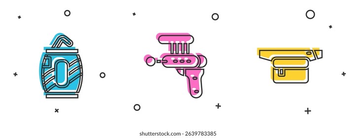 Set Soda can with straw, Ray gun and Waist bag of banana icon. Vector