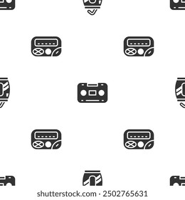 Set Soda can with straw, Retro audio cassette tape and Pager on seamless pattern. Vector