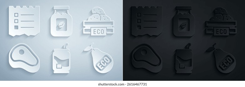 Set Soda can, Wooden box for fruits, Steak meat, Healthy organic pear, Coffee jar bottle and Shopping list icon. Vector