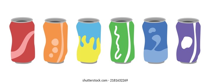 Set Of Soda Cans Clipart. Simple Soda In Aluminium Cans Vector Design Isolated On White Background. Soda Can Cartoon Style. Carbonated Water With Different Flavors Clipart Doodle Drawing Style