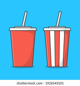 Soda cup vector set. Paper cup of soda with red straw. Cinema