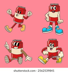 Set of Soda Drink Cartoon Character in Retro 70s Illustration
