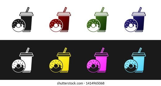 Set Soda drink with drinking straw and donut icon isolated on black and white background. Fast food symbol. Vector Illustration
