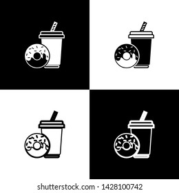 Set Soda drink with drinking straw and donut icons isolated on black and white background. Fast food symbol. Vector Illustration