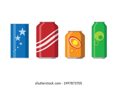 Set of soda drink icons in aluminum cans with different shapes and colors. cold drink sign. flat design vector illustration isolated on white background.