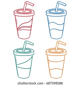 set of soda drink paper cups using hand drawn or doodle art