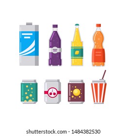 Set of soda drinks and juice in plastic and aluminum packaging vector illustration.