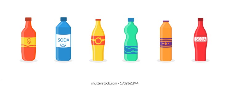 A set of soda drinks in plastic and aluminum packaging. Sparkling water with different flavors. Bottled drink, vitamin juice, sparkling or natural water in tanks, plastic bottles. Vector illustration.