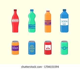 A set of soda drinks in plastic and aluminum packaging. Sparkling water with different flavors. Bottled drink, vitamin juice, sparkling or natural water in tanks, plastic bottles. Vector illustration.