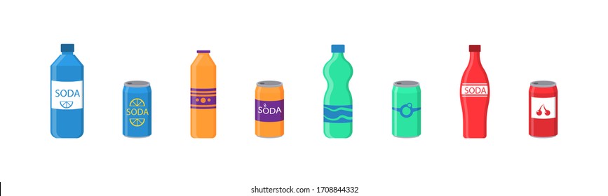 Un conjunto de refrescos en envases de plástico y aluminio. Agua espumosa con diferentes sabores. Bebida embotellada, zumo de vitamina, agua espumosa o natural en tanques, botellas de plástico. Ilustración vectorial.