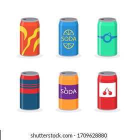 A set of soda drinks in plastic and aluminum packaging. Sparkling water with different flavors. Bottled drink, vitamin juice, sparkling or natural water in tanks, plastic bottles. Vector illustration.