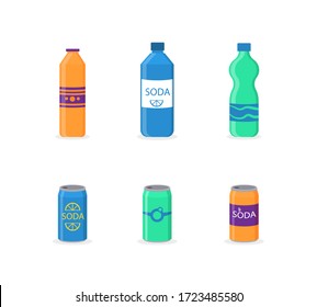 A set of soda drinks in plastic and aluminum packaging. Bottled drink, vitamin juice, sparkling or natural water in tanks, plastic bottles. Sparkling water with different flavors. Vector illustration.