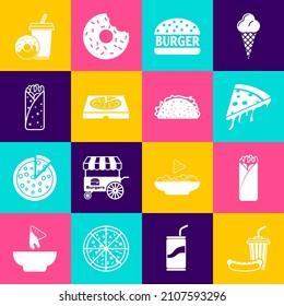 Set Soda and hotdog, Burrito, Slice of pizza, Burger, Pizza in cardboard box, drink with donut and Taco tortilla icon. Vector